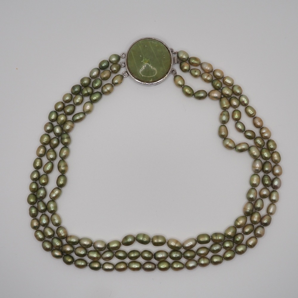 Vintage Triple Strand Necklace Green Cultured Pearl Cabochon Clasp Silver Tone
